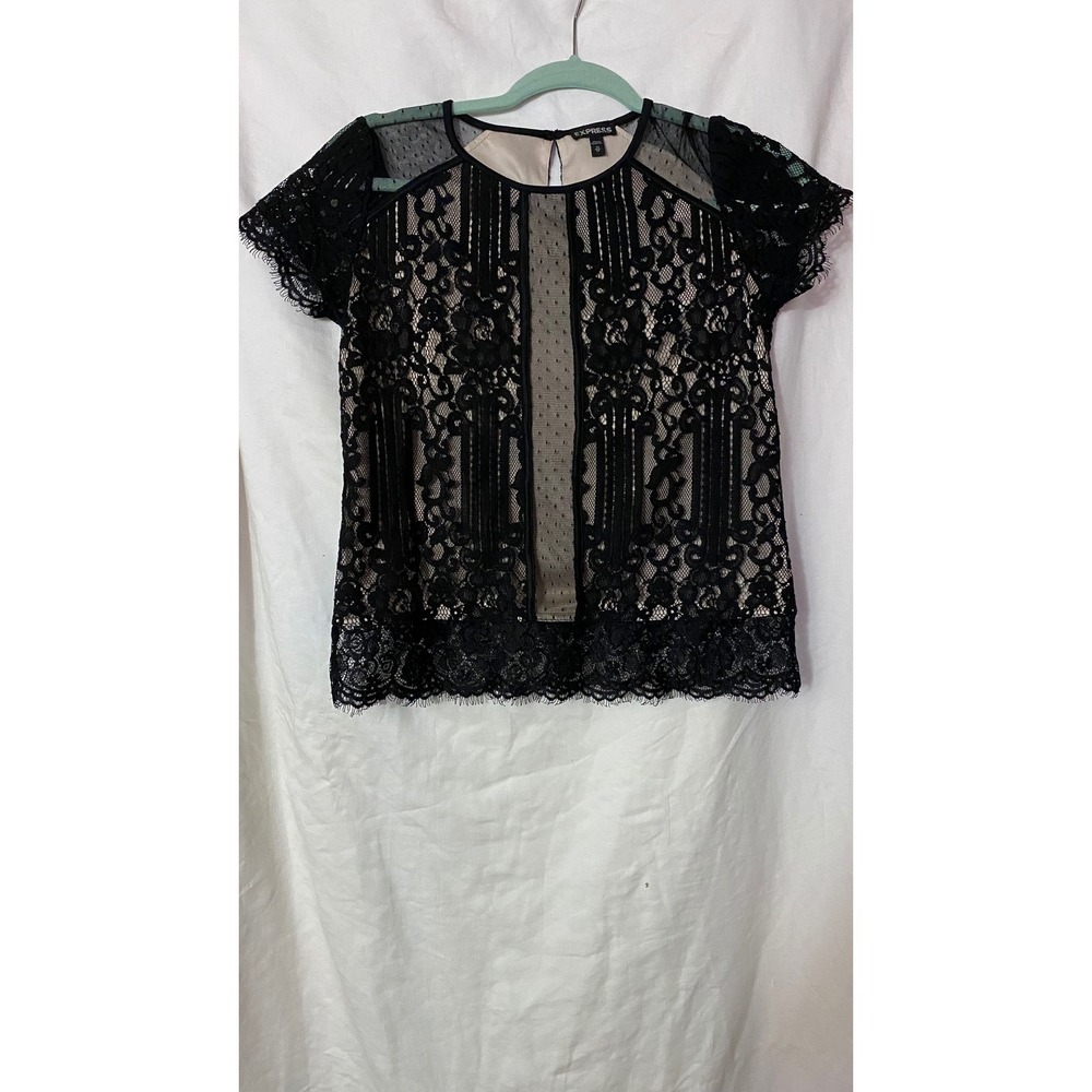 Express Black Floral Lace Short Sleeve Top Nude Lining Keyhole Back Womens XS